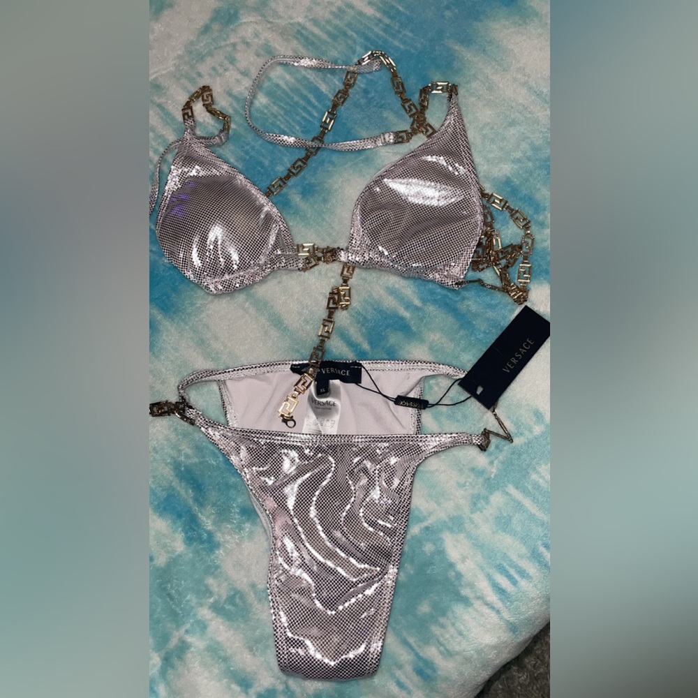 New! Versace Metallic Silver Bikini with Chain Accents